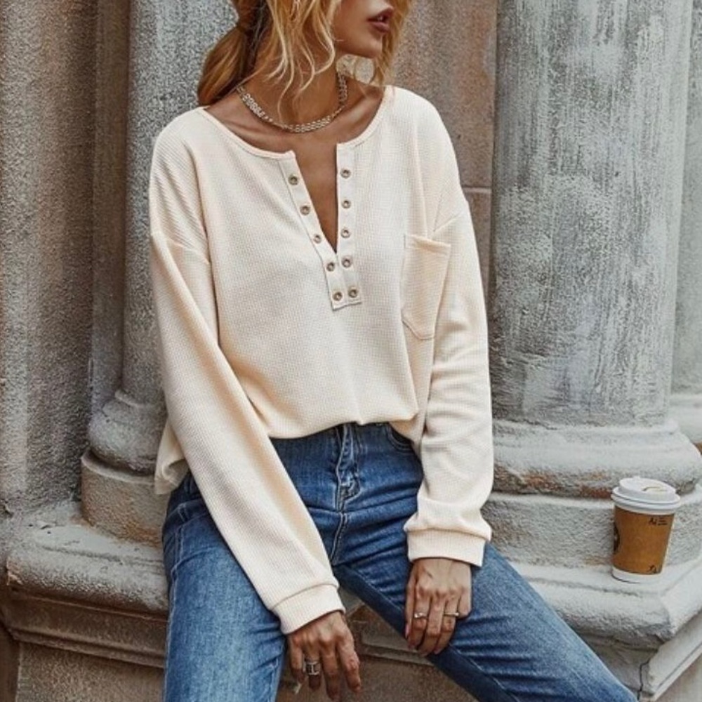 Cream Colored Notched Neck Drop Shoulder Thermal